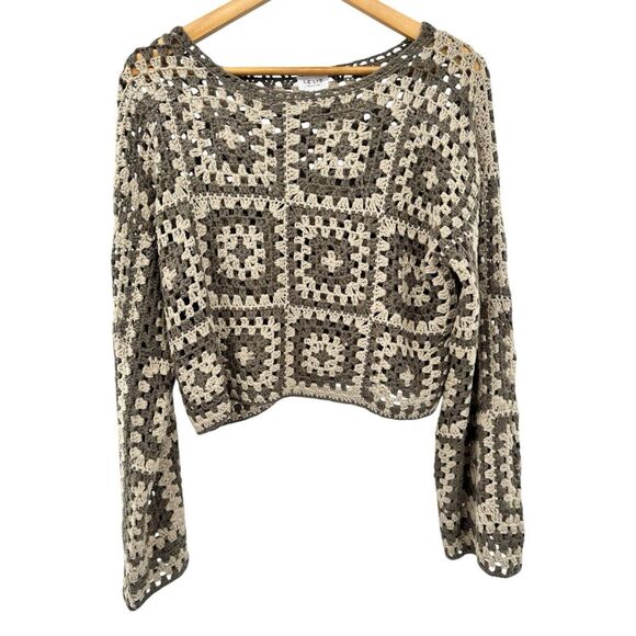 Le‎ Lis Long Sleeve Crochet Top Cottagecore Grannycore Open Knit Brown Medium - Picture 1 of 6